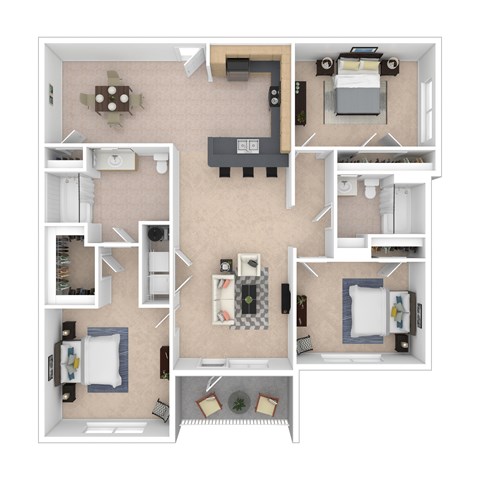 Floor plan for 3 beds, 2 baths, 1317 sqft